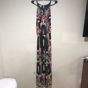 Vibrant print maxi dress, halter top.